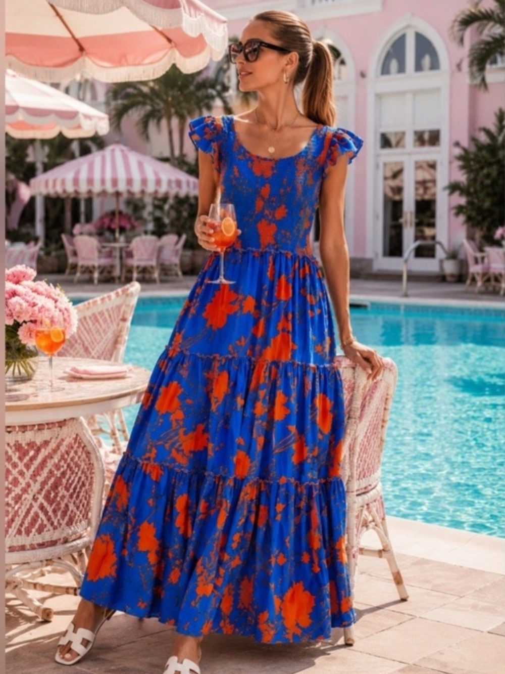 Anthropologie Abel The Label Blue  Orange Floral Smocked Tiered Maxi Dress M